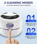 Retainer Cleaner Machine For Dentures And More Like Mouth Guards Braces Toothbrush Heads And Jewelry With 220ml Tank UV Light Digital Timer Two Cleaning Modes No Fuss Ultrasonic Scrub For All Dental Appliances White, one-button display