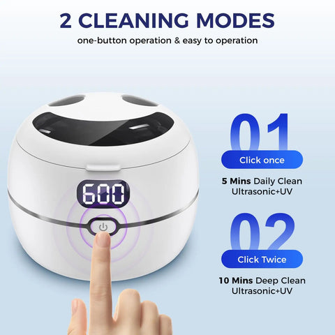 Retainer Cleaner Machine For Dentures And More Like Mouth Guards Braces Toothbrush Heads And Jewelry With 220ml Tank UV Light Digital Timer Two Cleaning Modes No Fuss Ultrasonic Scrub For All Dental Appliances White, one-button display