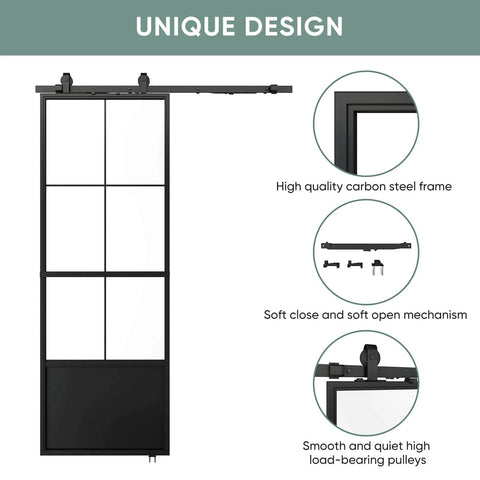 30 Inch By 84 Inch Frosted Tempered Glass Sliding Barn Door With Pre Drilled Carbon Steel Frame Includes 5ft Hardware Kit