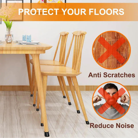 Two wooden chairs with Crazy Easy Silicone Chair Leg Protectors For Hardwood Floors 24 Pack Slip On Floor Caps, anti-scratch feature.