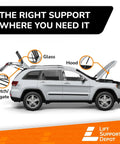 Top Shelf Two Pack Automotive Gas Strut Lift Supports For Toolbox Lid Replacement shown on a vehicle, highlighting hood, hatch, and glass support positions.