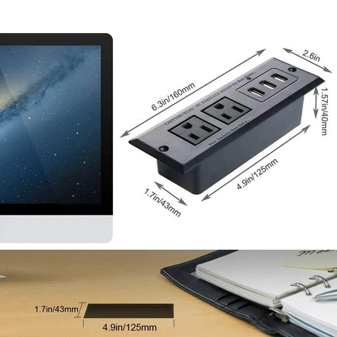 Recessed Conference Table Power Strip With USB Ports, Desktop Charging Station, 2 Outlets And 3 USB Ports, 6.5 Ft Cord, dimensions shown