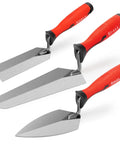 Three Piece Masonry Tools Set Featuring Seven Inch Gauging Trowel, Six Inch Margin Trowel, Five And A Half Inch Pointing Trowel, Beefy Carbon Steel Heavy Duty, Soft Grip Handles, Brushed Finish For Concrete Cement Plaster And Tile Projects