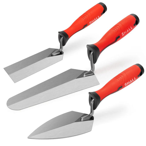 Three Piece Masonry Tools Set Featuring Seven Inch Gauging Trowel, Six Inch Margin Trowel, Five And A Half Inch Pointing Trowel, Beefy Carbon Steel Heavy Duty, Soft Grip Handles, Brushed Finish For Concrete Cement Plaster And Tile Projects