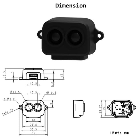 TF LUNA LiDAR Module Distance Sensor dimensions and front view for Arduino and Pixhawk with UART/I2C, LVTTL 3.3V logic.