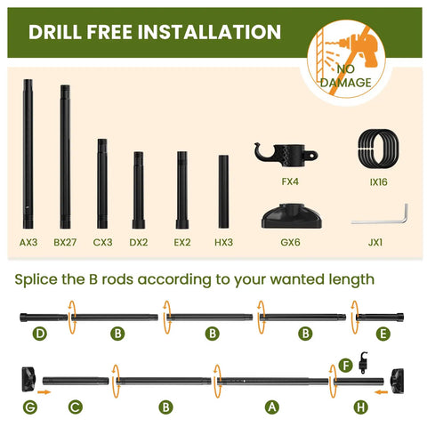 No Drill Room Divider Curtain Rod components and assembly instructions with labeled parts for fast privacy wall partition.