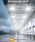 Beast Bright 150W UFO LED High Bay Lights illuminating a wet warehouse interior, IP65 waterproof rating, industrial grade construction.