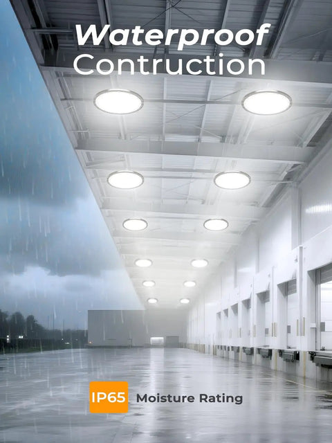Beast Bright 150W UFO LED High Bay Lights illuminating a wet warehouse interior, IP65 waterproof rating, industrial grade construction.