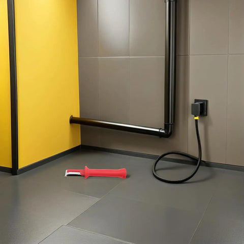 Heavy Duty Insulated Wire Stripper Knife With No Sweat Cable Cutting Razor Ergonomic Grip Handle on a floor by a wall.