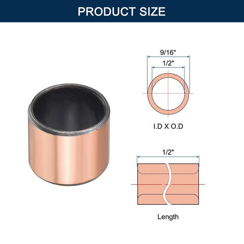 Self Lubricating Sleeve Bearing Set One Half Inch Bore Nine Sixteenth Inch Outer Diameter One Half Inch Length Oilless Bronze Sintered Coated Bushings Carbon Steel Core Four Pack For Quiet Low Friction Machinery And Diy Projects size diagram