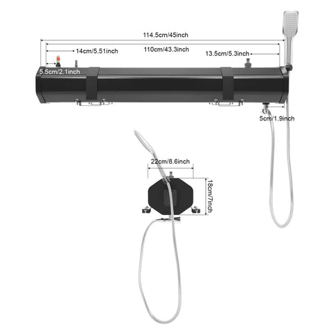 Self Pressurized Portable Car Shower System For Outdoor Rinse Camping Beach And Surf Trips Hiking And Fishing Off Road SUV And RV Ready 7.93 Gallon Water Capacity For Quick Cleanups dimensions diagram