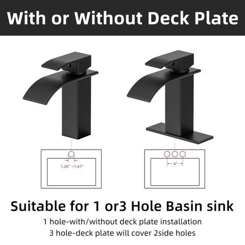 Matte Black Modern Waterfall Bathroom Faucet with Single Handle Fits 1 or 3 Hole Sinks Includes Deck Plate and Hose