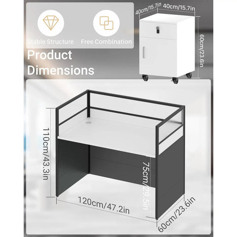 Heavy Duty Office Cubicle Workstation With Locking Filing Cabinet And No Sweat Cable Routing Featuring Privacy Panels dimensions shown in graphic.