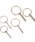 10pc Beefy Heavy Duty Spring Loaded Lynch Pin Fastener Set For Trailers Trucks And Mowers shown in five assorted sizes.
