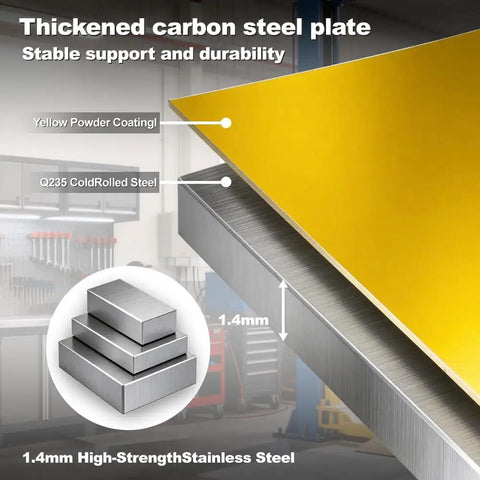 Diagram showing thickened carbon steel plate with yellow powder coating for Horizontal Gas Cylinder Storage Cabinet Heavy Duty
