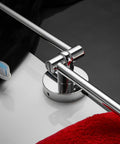 Spacious Dual Arm Swinging Towel Bar Offering Effortless 180 Degree Pivot Wall Mount Design For Quick Wet And Dry Hanging Bumper Proof Setup With Glossy Chrome Finish close-up image showing chrome bracket with towels.