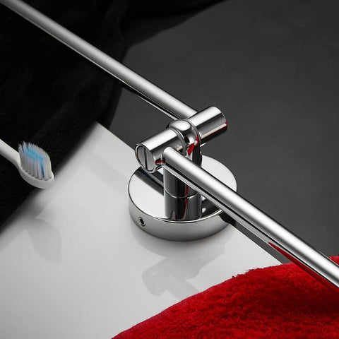 Spacious Dual Arm Swinging Towel Bar Offering Effortless 180 Degree Pivot Wall Mount Design For Quick Wet And Dry Hanging Bumper Proof Setup With Glossy Chrome Finish close-up image showing chrome bracket with towels.