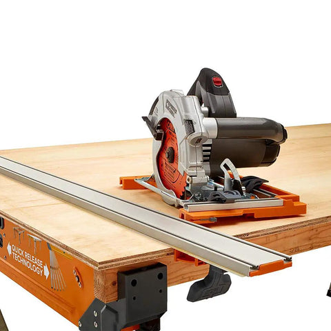 NGX Saw Plate and 55 Inch Non Chip Strip for Clean Smooth Straight Cuts Reversible and Ready To Pair With Most Circular Saws and Clamp Edge System Easy Quick Release Attachment for Portable Saws 544001 showing a circular saw on a wooden surface with clamp edge.