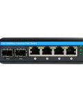 Front view of Six Port Hardened Industrial Gigabit PoE Plus DIN Rail Fiber Network Switch with four PoE+ ports and two SFP ports.