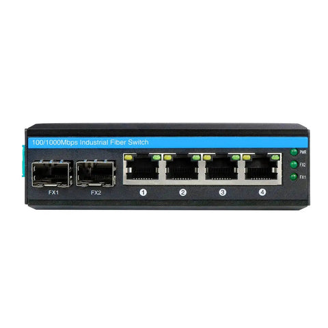 Front view of Six Port Hardened Industrial Gigabit PoE Plus DIN Rail Fiber Network Switch with four PoE+ ports and two SFP ports.