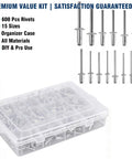 Pop Rivets Assortment Kit With 600 Pieces, 15 Sizes, Dome Head Blind Rivets shown in organizer case