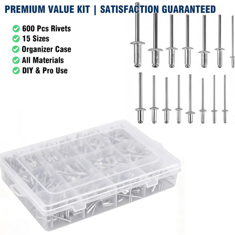 Pop Rivets Assortment Kit With 600 Pieces, 15 Sizes, Dome Head Blind Rivets shown in organizer case