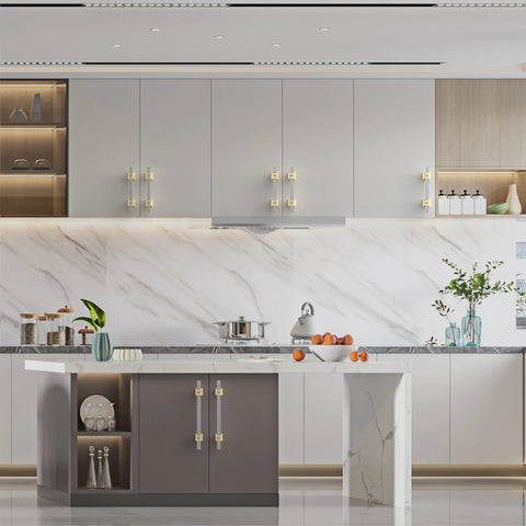 Modern kitchen with 5 Inch Brushed Satin Nickel and Gold Cabinet Handles installed on grey cabinets, showcasing two-tone finish and sleek design.