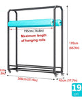 Heavy Duty Metal Vinyl Storage Cart With 18 Adjustable Rods And Smooth Rolling Lockable Casters For Tint Film Craft Wraps Wallpaper Rolls, 195cm tall with visible dimensions.