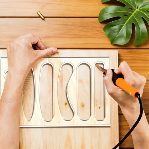 Hands using 6 In 1 Charcuterie Board Handle Template Clear Acrylic Routing Jig for crafting wood handles.