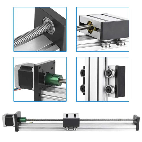 Heavy Duty NEMA 17 Linear Guide Stage Actuator Featuring 0808 Lead Screw Rail showing stepper motor, rail, and lead screw details.