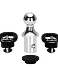 Gooseneck ball hitch with dual safety chain anchors and protective cap, featuring a polished metallic finish for towing applications.