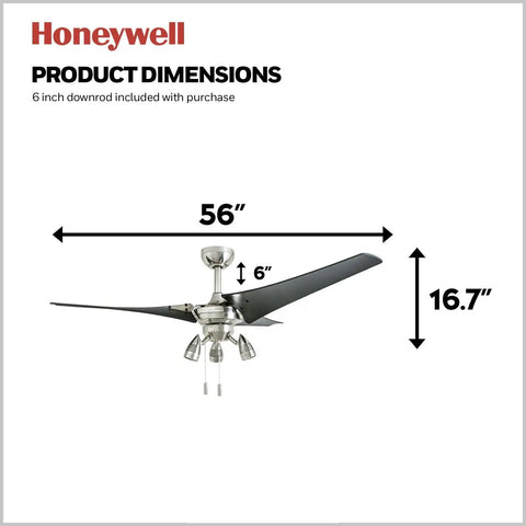 56 Inch Modern Ceiling Fan With LED Light And Pull Chain, dimensions showing size and brushed nickel finish