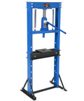 Top Shelf 12 Ton H Frame Hydraulic Press Shop Beast With Reinforced Stamping Plates For Serious Auto Repair Garage Builds And Metal Straightening Works, blue frame with hydraulic pump.