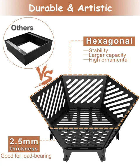 Twenty Two And A Half Inch Portable Hexagon Fire Pit With Travel Bag Smokeless Patented Hexagon Design Featuring Diagonal Vents