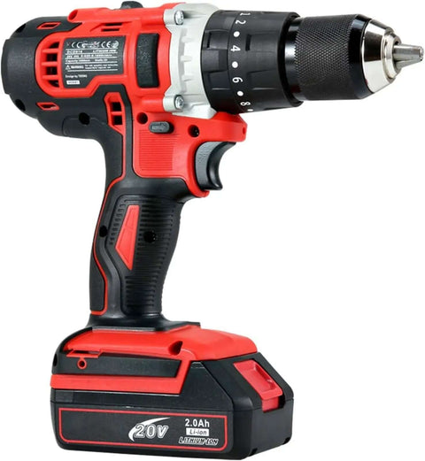 20 Volt Cordless Drill Impact Driver Kit With Two Batteries Compact ergonomic design with black and red color, ideal for tight spaces.