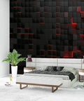 Dope Removable 3D Design Wallpaper For Bedroom And Living Room, abstract futuristic cubes wall art behind modern bed setup.