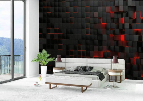 Dope Removable 3D Design Wallpaper For Bedroom And Living Room, abstract futuristic cubes wall art behind modern bed setup.