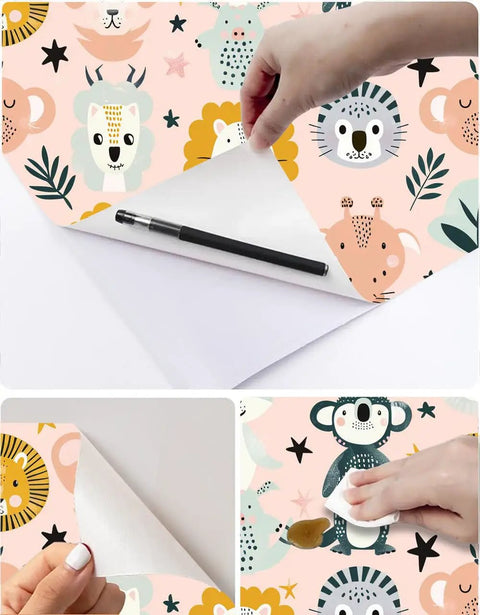 Hand peeling back Dead Simple Peel And Stick Wallpaper Pink Safari Jungle Zoo Design Self Adhesive Vinyl Roll for easy application.