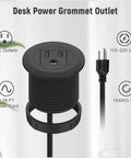 2 Inch Flush Mount Desk Power Grommet With Built In US Outlet And 3.28 Ft Heavy Duty Cord, displaying AC outlets and power cord.