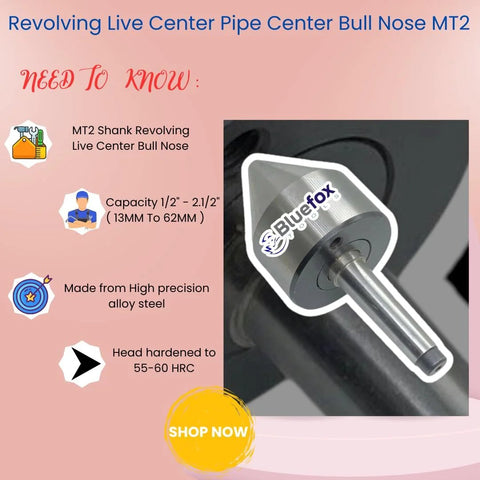 Revolving Live Center Bull Nose For Pipe Turning MT2 Shank shows half inch to two and a half inches capacity, high precision steel, hardened 55-60 HRC.