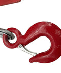 Heavy Duty 1500W Electric Hoist Lifts Up To 800kg With Double Rope Config showing a red steel hook with safety latch.