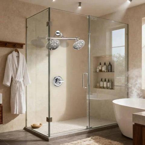 Double Shower Head With Built In Valve For High Pressure Showering 6 Settings Dual Shower Head Design For Walk In Or Bathtub Bathrooms Brushed Nickel Finish in a glass-enclosed shower