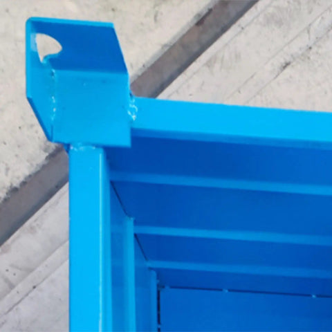 Corner view of Heavy Duty Steel Storage Bin And Warehouse Turnover Box Built Tough As Nails For Shop Parts Organization Cold Rolled Metal Container.