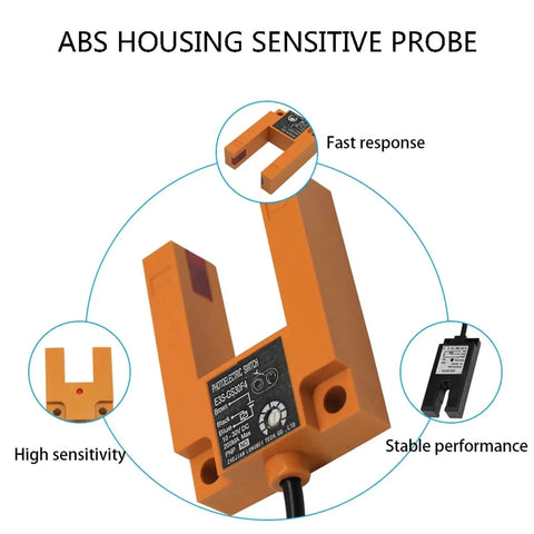 Infrared U Slot Photoelectric Sensor Proximity Switch Three Wire NPN PNP DC 12 24V Detection For Industrial Automation NO Output No Fuss Install Compact E3S GS30 GS15 GS7 Series Reliable Sensing Across Small Gaps, orange ABS housing