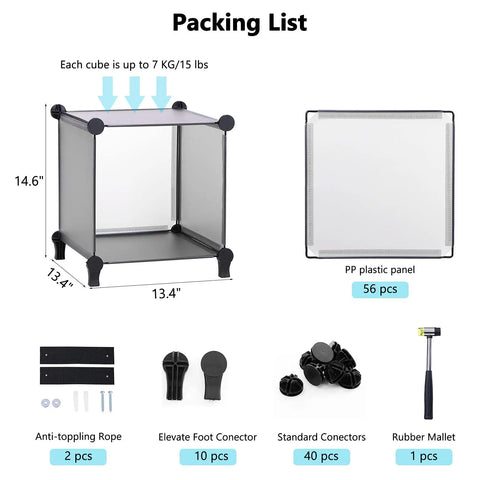 Packing list for 16 Cube Storage Organizer Cubby Shelving with cube capacity, PP panels, connectors, and rubber mallet included.