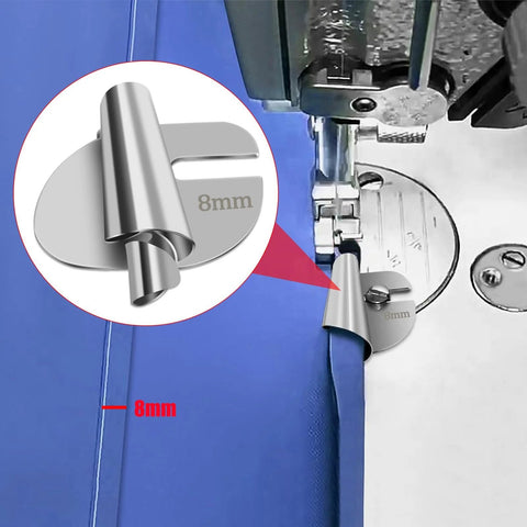Close-up of TOOVREN rolled hemmer foot set, 4-pack, 8mm shown, stainless steel for home sewing machines.