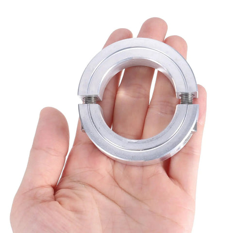 Beefy Double Split Clamp-On Shaft Collar For 1-1/2 Inch Shaft, Two-Piece Aluminum Alloy Build, handheld, close-up view