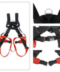 Beefy Full Body Climbing Harness with CE Certified EN353-1 rescue gear, polyester webbing, stainless steel hardware, detail view.