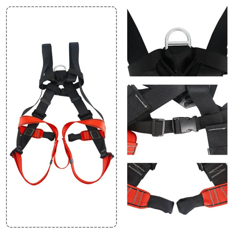 Beefy Full Body Climbing Harness with CE Certified EN353-1 rescue gear, polyester webbing, stainless steel hardware, detail view.