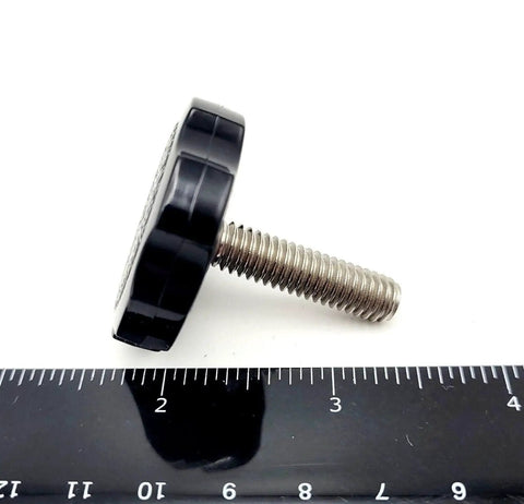 Heavy Duty Stainless Steel Thumb Screw Bolts With Slick Black Plastic Clamping Knobs, ergonomic grip, 5/16 inch fastener, side view.
